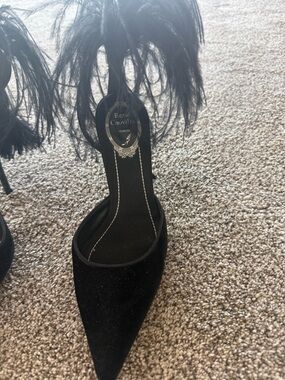 Rene Caovilla Black Feather Trim Pointed Toe Pumps